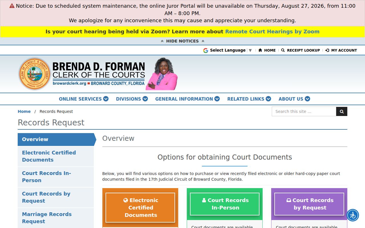 Davie previous residents Broward court records request options