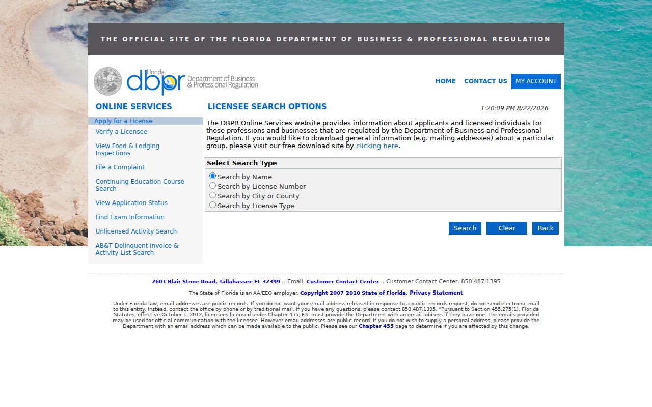 Davie resident lookup in the Florida DBPR license search