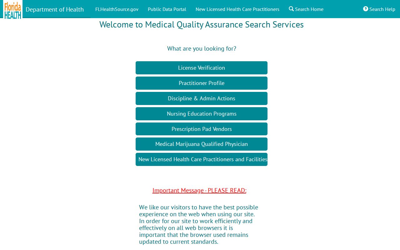 Davie resident lookup using the Florida health license portal